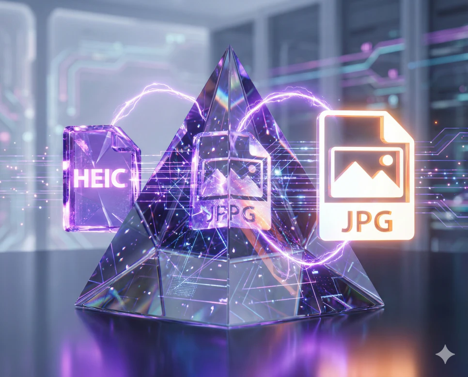 아이폰 HEIC 사진을 JPG로 고화질 변환하여 용량을 최적화하는 과정을 보여주는 기술 인포그래픽