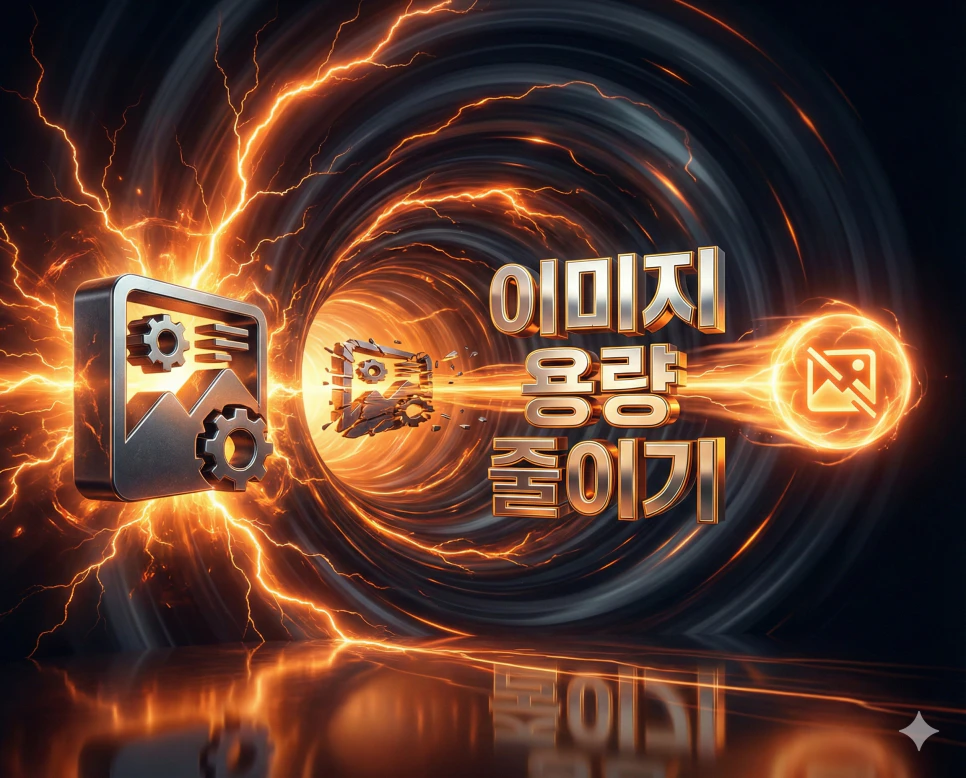 강렬한 오렌지 광원과 3D 골드 타이틀로 이미지 용량 줄이기 도구의 속도감을 표현한 메인 이미지