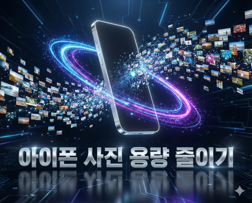 아이폰 사진 용량 줄이기 기능을 시각화한 세련된 퍼플 광원과 실버 3D 타이틀 이미지