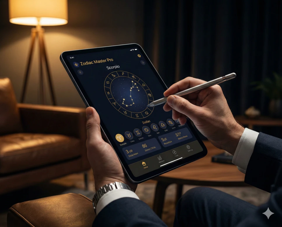 나이트 모드가 적용된 태블릿에서 정교하게 구현된 별자리 마스터 프로 인터페이스 화면